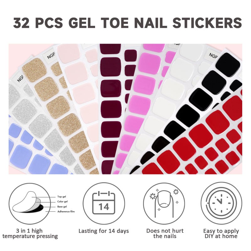 DUKASOU Semi Cured Gel Toe Nail Strips,32 Pcs Toe Nail Stickers Wraps(Scarlet Fiery Sun),Long Lasting Gel Strips with UV Lamp Requried,Easy to Apply - Image 3